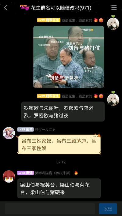 这是一张竖屏手机格式的社交群聊截图，群名为“花生群名可以随便改吗(971)”，群内成员以改编经典典故、历史人物相关内容，玩谐音梗和低俗搞笑梗为乐。首先成员“LV79 翡翠花生”发布了一张经过P图处理的作家莫言的图片，图片通过拼接莫言的不同神态，配上“刘备娶贾乃亮、刘备与毛血旺、刘备去芦苇荡、刘备与猪打仗、刘备与诸葛亮、刘备与什么？（挠头）”等逐步跑偏的搞笑文字，模仿记忆错乱的效果；该成员还重复发送“我是花生，我是女的 🔥😜”的自我介绍，随后抛出“罗密欧与朱丽叶，罗密欧与忽必烈，罗密欧与猪过夜”的改编梗。接着成员“LV15 破命”将吕布的“三姓家奴”、刘备的“三顾茅庐”恶意改编成低俗内容，成员“LV48 傻逼”则改编梁山伯与祝英台的经典典故，玩谐音低俗梗，整体是群友在社群内玩梗整活的日常，部分内容包含低俗趣味的改编。