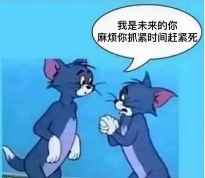 图片中是《猫和老鼠》中的汤姆猫，两个汤姆猫面对面站立。右侧汤姆猫握拳，表情急切，对着左侧汤姆猫说：“我是未来的你 麻烦你抓紧时间赶紧死”。通过未来的自己催促现在的自己“赶紧死”制造黑色幽默效果，带有讽刺和搞笑的意味。