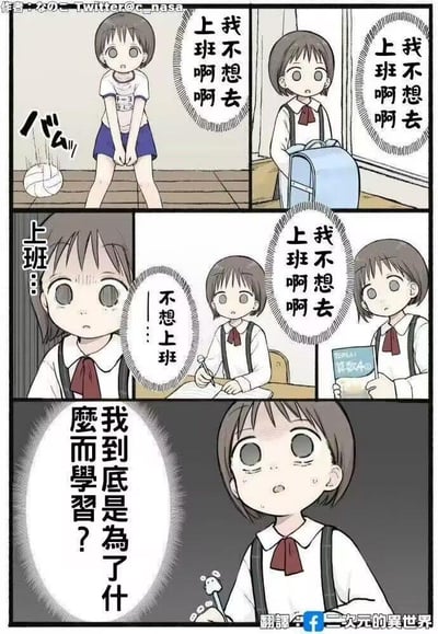 这是一篇竖版四格漫画，描绘了一个小女孩的荒诞内心戏：第一格中，穿着运动服的小女孩对着排球烦躁地喊出“我不想去上班啊啊”；第二格她背着书包，依然重复着这句话；第三格坐在教室课桌前的她，嘴里还是念叨着不想上班，内心也浮现出“不想上班”的想法；最后一格，小女孩突然露出惊恐迷茫的表情，手中的笔都停住，灵魂拷问“我到底是为了什么而学习？”。漫画用错位的设定——本该抗拒上学的小学生却满脑子都是“不想上班”，最后陷入对学习意义的怀疑，精准戳中当代年轻人的职场焦虑，让学生群体也提前共情社畜的痛苦，用搞笑又扎心的方式调侃了职场压力对当代人的渗透。