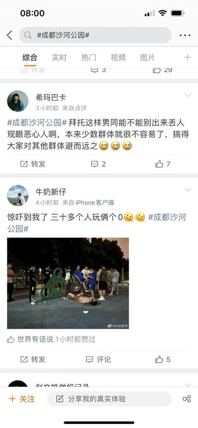 这是微博平台#成都沙河公园#话题下的两条争议性用户动态截图：用户「希玛巴卡」3小时前通过点评渠道发布动态，指责部分男同群体在公园的行为丢人现眼，认为此类行为会加剧大众对少数群体的排斥；用户「牛奶新仔」4小时前通过iPhone客户端发布动态，配文「惊吓到我了 三十多个人玩俩个0」并附带一张夜晚公园健身区域的现场照片，照片中多名男子聚集，一人躺于地面，两条动态均引发相关争议讨论。