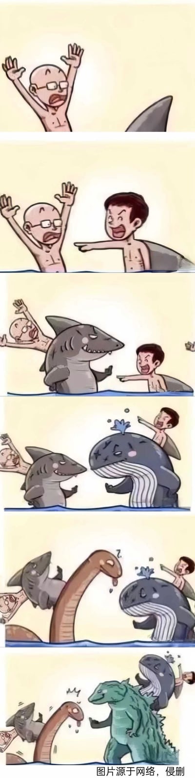 这是一组六格连环卡通漫画，第一格是光头戴眼镜的男子赤裸上身，高举双手，满脸惊恐，身旁露出鲨鱼背鳍；第二格中，“鲨鱼背鳍”处钻出一个黑发赤裸男子，他一脸得意地指着光头男子，似乎在嘲笑他的惊慌；第三格，黑发男子身后的“背鳍”真正的鲨鱼出现，鲨鱼一脸不屑，黑发男子表情变得惊恐，光头男子被鲨鱼的身体带得向后飞；第四格，鲨鱼身后出现一头鲸鱼，鲸鱼将黑发男子顶起，光头男子继续被带着往后；第五格，鲸鱼身后出现蛇颈龙，蛇颈龙对着鲸鱼，黑发男子被顶得更高；第六格，蛇颈龙身后出现哥斯拉，哥斯拉对着蛇颈龙，黑发男子被鲸鱼和哥斯拉挤得快被甩出去，光头男子依旧在后方被带着移动。整个漫画通过“以为是危险→是人类→以为安全→是更大危险”的层层反转，不断升级的怪物设定，制造出荒诞搞笑的喜剧效果。