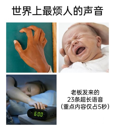 这是一张多图拼接的图文混排吐槽梗图，顶部标题为“世界上最烦人的声音”，包含三个实拍场景图和一段文字内容，分别对应四种让人烦躁的声音相关场景：左上角是手刮绿色黑板的画面，这种尖锐的刮擦声是很多人难以忍受的刺耳声音；右上角是正在大哭的婴儿，婴儿的哭闹声会让很多人感到烦躁不安；左下角是一位在清晨6点被闹钟吵醒、困倦地伸手按停闹钟的人，睡梦中被闹钟吵醒的体验十分恼人；右下角的文字内容是“老板发来的23条超长语音（重点内容仅占5秒）”，这种低效又占用时间的工作消息是职场人的典型烦躁来源。图中通过这四个场景，精准戳中人们在日常生活、职场里遇到的让人烦躁的声音瞬间，引发大众共鸣。