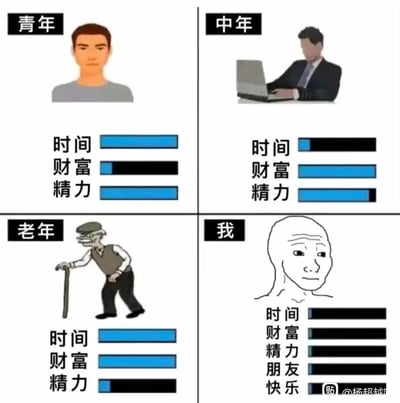 这是一张四格图文对比梗图，分别展示了青年、中年、老年以及“我”的生活状态数值条：青年阶段时间和精力条满格，财富条几乎为空；中年阶段财富条大幅填充，时间条被大量占用，精力条略有损耗；老年阶段时间和财富条满格，但精力条严重不足；而“我”的时间、财富、精力、朋友、快乐数值条全部处于缺失状态，搭配一个麻木无奈的Wojak脸形象，用夸张自嘲的方式吐槽自己全方位匮乏的生活状态，引发共鸣。