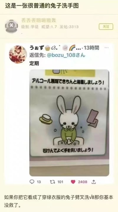 这是一张社交媒体截图，展示了用户转发的含卡通兔子洗手内容的帖子。截图中可见平台用户界面，包括用户名、等级、发帖数等信息。帖子核心为一幅卡通图：白色长耳兔子穿绿色衣服在洗手池边洗手，周围有肥皂盒和毛巾元素，上方日文文字意为“让我们用酒精类消毒剂彻底清洁！”，下方日文文字为“让我们大家好好洗手！”。截图底部配有中文调侃文字“如果你把它看成了穿绿衣服的兔子劈叉洗v8那你基本没救了”，利用视觉错位制造幽默效果，将正常洗手场景曲解为荒诞动作，形成搞笑梗图。