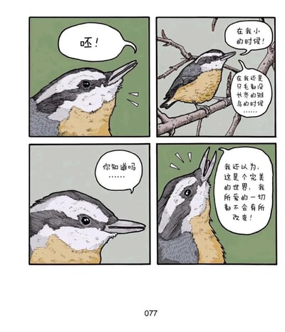 这是一幅四格卡通连环漫画，主角是一只拟人化的白胸鳾。第一格中，鸟儿激动地张嘴喊出“呸！”，情绪外露；第二格，鸟儿站在树枝上，开始回忆自己的童年：“在我小的时候！在我还是只毛都没长齐的雏鸟的时候……”；第三格，鸟儿神态变得柔和，缓缓开口引出下文：“你知道吗……”；第四格，鸟儿再次激动地仰头大喊，倾诉出童年时的天真幻想：“我还以为，这是个完美的世界，我所爱的一切都不会有所改变！”。漫画通过动物的视角，细腻地表达了人们童年时对世界的天真认知，以及长大后面对现实变化的怅然，风格治愈又带着淡淡的感慨。
