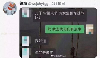 这是一张充满笑点的聊天记录截图，情人节当天妈妈询问儿子有没有女生一起过节，儿子回复要去找哥们出门，妈妈直接拆穿“你又去做零”，用网络玩梗的方式调侃儿子和男性朋友的关系。其中“做零”是网络用语，指在同性亲密关系中扮演被动的一方，妈妈的精准吐槽让对话产生出意料之外的搞笑反差效果。