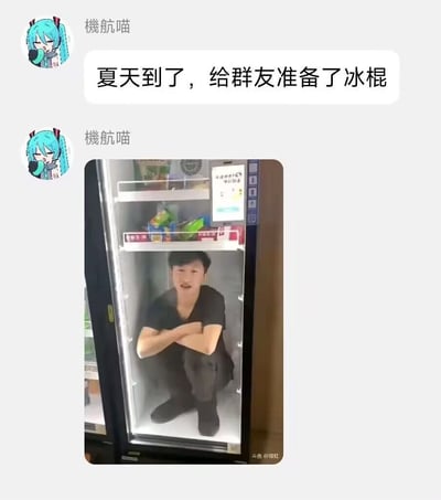 这张梗图包含了一段聊天截图和一张冷藏柜照片。聊天内容写道“夏天到了，给群友准备了冰柜”，下方图片中则出现一位男子蹲在冰柜中，像是被“冷藏”起来。整体画面既幽默又带点无厘头，尤其是把冰柜作为夏天降温道具，加上“冷藏群友”的脑洞，让人会心一笑。

存在夸张荒诞的错位幽默。无实际危险，仅做玩笑调侃用。