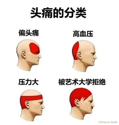 这是一张多图拼接的图文混排搞笑图，标题为“头痛的分类”，将生理疾病、精神压力以及特定事件带来的精神困扰都归为“头痛”类型，并用带红色高亮区域的头部示意图对应展示：第一类“偏头痛”对应单侧太阳穴附近的红色区域，符合医学上偏头痛的常见疼痛部位；第二类“高血压”对应单侧头部侧边的红色区域；第三类“压力大”对应从额头延伸至头顶的带状红色区域，象征压力带来的头部紧绷感；第四类“被艺术大学拒绝”则是玩了创意梗，将头部红色区域设计成类似失意艺术青年的莫西干发型，还搭配了小胡子，用夸张、幽默的方式调侃这类挫折事件带来的精神“头痛”，整体将严肃的健康话题和生活趣味调侃结合，用具象化的画面增强趣味性。