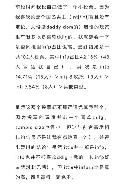 这是一张纯文字图片，内容为一位乙女游戏玩家分享自己进行的小调查结果。调查针对特定国乙男主（人设为daddy dom类型）的粉丝群体，分析其MBTI性格类型分布。结果显示在102名受访者中，INFP类型占比最高（42.15%），其次是INTP（14.71%）、INFJ（8.82%）和INTJ（7.84%）。作者同时提到调查的局限性，包括样本量小和选择偏差，但仍认为结果显示INFP类型在该群体中占比显著偏高。