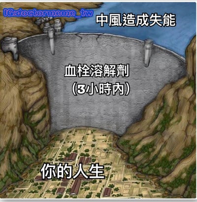 这是一张以健康科普为主题的 meme 图，画面主体是一幅风格化的插画：上方是一座带有明显裂缝的巨大灰色大坝，背景为蓝色水域和山体；大坝下方是布局整齐的小镇，象征“你的人生”。图中通过文字标注形成隐喻：“中風造成失能”（中风导致功能障碍）对应大坝的危险状态，“血栓溶解劑（3小時內）”（血栓溶解剂需在3小时内使用）则暗示及时治疗对挽救“人生大坝”的重要性。整体构图清晰，用视觉化比喻强调中风急救的时间紧迫性。