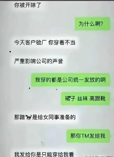 这是一张微信聊天截图，展示了一名员工因为在客户验厂当天误穿了公司给女同事准备的裙子、丝袜、高跟鞋，被开除的荒诞对话。对话内容充满了黑色幽默和讽刺，突出职场管理混乱、信息沟通失误的搞笑氛围，结尾的对喷非常有“甩锅”意味，有浓烈的网络段子气质。存在明显的“误会梗”以及“你TM发给我”的吐槽场景。