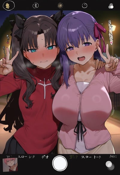 这是一张AI生成的《Fate/stay night》同人创作图，以手机自拍的视角呈现，夜晚户外街道的背景下，远坂凛和间桐樱亲密依偎同框。两人都满脸通红，远坂凛面露窘迫羞涩的神情，间桐樱则是兴奋雀跃的状态，二人都对着镜头比出剪刀手。画面中还有日文拟声词和相机界面的日文文字，强化了两人害羞、燥热的氛围。