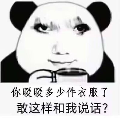 这是一张P图改编的熊猫头表情包，将带有浓妆的真人脸部与熊猫头的身体拼接在一起，人物手捧杯子，眼神斜睨，表情带着不屑又挑衅的意味。图下配文“你暖暖多少件衣服了敢这样和我说话？”，这里的“暖暖”是指代换装游戏《闪耀暖暖》的玩梗内容，调侃沉迷该游戏、花费大量精力与金钱为游戏角色搭配服饰的玩家，用怼人的语气制造出搞笑戏谑的效果，适合在和玩这款游戏的朋友互动时使用，风格轻松诙谐。
