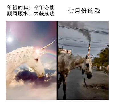 这是一张左右对比的图文梗图，通过两种形象的强烈反差来调侃心态变化：左侧是身处云端、带有光环与彩虹的独角兽，对应配文“年初的我：今年必能顺风顺水、大获成功”，代表年初时充满雄心壮志、对未来满怀美好憧憬的状态；右侧是一匹灰头土脸的马，头部后方的烟囱恰好形成“马角冒烟”的视觉效果，对应“七月份的我”，代表经过半年的生活或工作打磨，锐气被消磨，变得疲惫落魄的现实状态。整张图用夸张的视觉对比，精准戳中了人们理想与现实落差的情绪，引发共鸣。