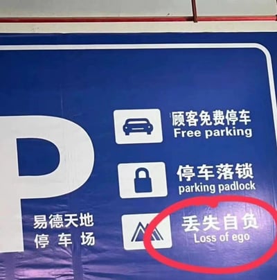 一张蓝色的停车场指示牌照片，上方有白色大号'P'字标识，下方分三行列出服务及提示：左侧为汽车图标配'顾客免费停车（Free parking）'，中间为挂锁图标配'停车落锁（parking padlock）'，右侧为三角形警示图标配'丢失自负'，但英文翻译被错误标注为'Loss of ego'（正确应为'Loss at own risk'等），该错误翻译部分被红色圆圈重点圈出。底部标注'易德天地停车场'字样。