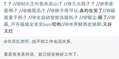 社交媒体评论截图，上方显示多位用户（如@M大王叫我来巡山、@王太弱、@李屋屋啊等）的疑问或简短反应，下方是用户@奇思乱想吧发布的评论：“找不到工作也没关系，要是有关系的话，就已经安排好工作了。” 内容围绕求职话题，通过“关系”一词的双关（既指人际关系，也指事物间的联系）制造幽默讽刺效果，反映了社会中依靠人脉获取工作机会的现象。