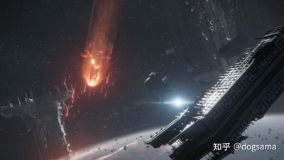 这是一幅科幻风格的3D渲染场景，展现了近地轨道上的惨烈太空事故或战场：画面左上方一艘大型环形结构的星际战舰/空间站正在剧烈燃烧，橙红色的火焰和飞溅的火星从破损处涌出，正在解体坠落；画面右侧是一座庞大的、有着密集舱体结构的巨型太空建筑，旁边还有小型飞行器和太空残骸，背景是布满繁星的深空，下方能看到行星的大气层边缘，整体氛围充满了末世感与科幻的宏大感，营造出太空设施遭遇毁灭性打击的紧张场景。