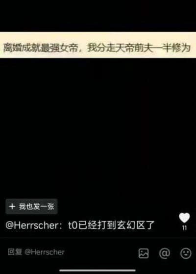 这是一张社交媒体截图，顶部有黄色背景文字条写着“离婚成就最强女帝，我分走天帝前夫一半修为”，下方为评论区，显示“+ 我也发一张”“@Herrscher: t0已经打到玄幻区了”及11个点赞。内容用玄幻小说的“修为”概念调侃离婚分财产，将现实中的“离婚分一半资产”夸张为“分走一半修为”，形成幽默效果。