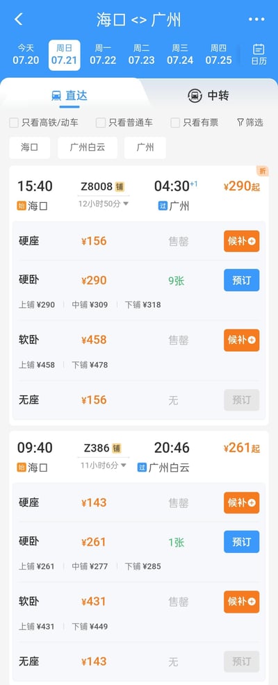 该图片为手机竖屏显示的火车票务查询界面，查询日期为2024年7月21日（周日），线路为海口至广州的直达列车。界面顶部显示日期选择栏（当前选中7月21日），下方为筛选条件（直达/中转、只看高铁/动车等）。主体部分展示两趟直达车次信息：Z8008次（15:40海口发车，次日04:30到达广州，历时12小时50分）和Z386次（09:40海口发车，当日20:46到达广州白云，历时11小时6分）。每个车次下列出硬座、硬卧、软卧三种席别，包含票价、余票数量及预订状态（如硬卧有9张/1张可预订，硬座、软卧售罄），部分售罄席别提供候补功能。界面设计简洁，采用蓝白为主色调，橙色和蓝色按钮区分候补与预订操作。