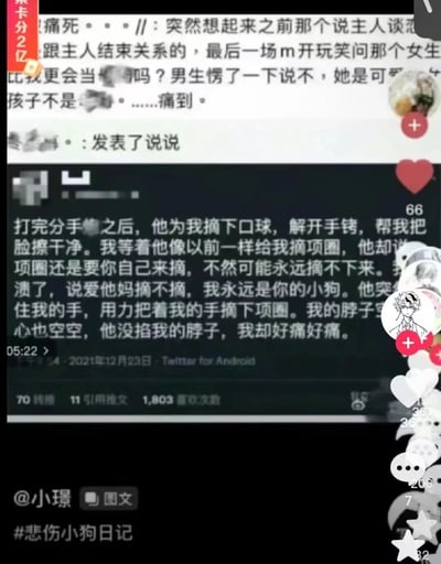 这是一张社交媒体截图，展示了一篇标题为"悲伤小狗日记"的帖子。内容描述了一个令人心碎的分手场景：在结束关系后，男方帮女方摘下口球和手铐，却让女方自己摘下项圈，并说"不然可能永远摘不下来"。女方崩溃喊道"我永远是你的小狗"，男方最终协助她摘下项圈，让她感到脖子和心都空空的疼痛。截图上方还有一段类似的情感评论，讲述了另一个关于"当狗"的悲伤故事。