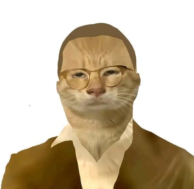 这是一张经过图像合成的搞笑图片，将真实橘猫的脸部与穿着棕色西装、米白色衬衫的人类身体拼接在一起，还为猫脸添加了一副复古眼镜和类似人类的发际线，整体造型一本正经，猫脸的严肃表情和人类正装的结合形成了强烈的反差感，营造出滑稽搞笑的效果，适合用作表情包来表达吐槽、故作严肃等情绪。