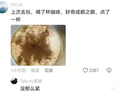 社交媒体用户Mr.Lin分享了一段有趣经历：在游玩时因好奇点了名为“成都之眼”的咖啡，配图中咖啡表面的棕色粉末形成了一个类似孔洞的图案，与想象中的地标景观差距较大。下方用户Takumi星辰评论“没那么紧”，以幽默调侃的方式回应咖啡图案的形状，引发笑点。整个内容由文字描述、实拍咖啡照片和互动评论组成，充满生活趣味和轻松氛围。