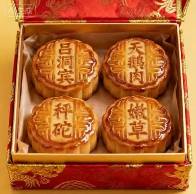 这是一盒AI生成的传统样式月饼礼盒，盒内四个月饼表面分别刻着“吕洞宾”“天鹅肉”“秤砣”“嫩草”这些完全脱离常规月饼馅料的离谱名字，与精致的传统月饼外观形成强烈反差，制造出荒诞搞笑的效果，属于AI生成的趣味恶搞内容，用来调侃那些不按常理出牌的“黑暗料理”和AI生成的奇葩产物。