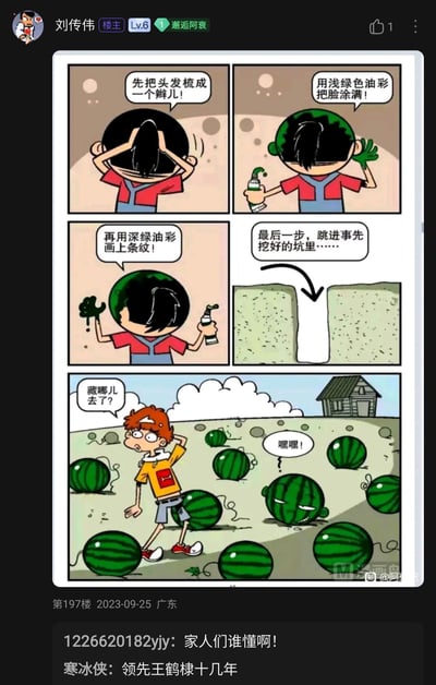 这是一张百度贴吧的截图，用户刘传伟发布了《阿衰on line》的一则趣味漫画：大脸妹为了和阿衰玩躲猫猫，一步步将自己伪装成西瓜——先把头发梳成辫子，用浅绿色油彩涂满脸部，再用深绿色油彩画上西瓜条纹，最后跳进事先挖好的坑里，混在西瓜地里。阿衰来到西瓜地里寻找大脸妹，完全没发现混在西瓜中偷笑的大脸妹。截图下方还有两条网友评论，分别是“家人们谁懂啊！”和“领先王鹤棣十几年”，调侃大脸妹的西瓜造型和艺人王鹤棣曾有的西瓜造型相似，十分有趣。
