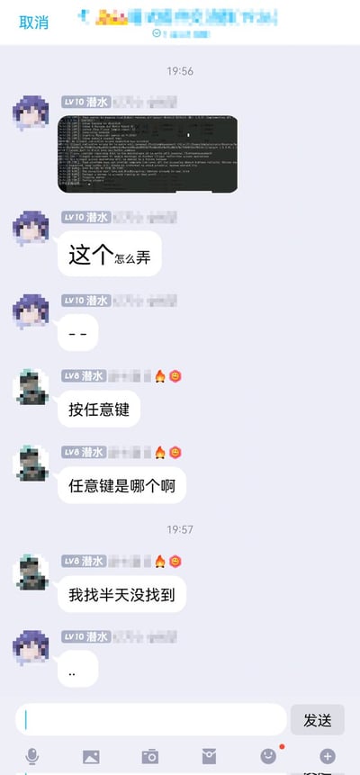 这是一张聊天记录截图，展示了两位用户的有趣互动。Lv10用户“潜水”首先发送了一段代码块截图并询问“这个怎么弄”，随后自己回复了“--”。另一位Lv6用户“潜水”回应“按任意键”，紧接着疑惑“任意键是哪个啊”并表示“我找半天没找到”，最后Lv10用户以“...”结束对话。整个聊天充满了对“任意键”这一常见电脑操作提示的可爱误解，十分搞笑。
