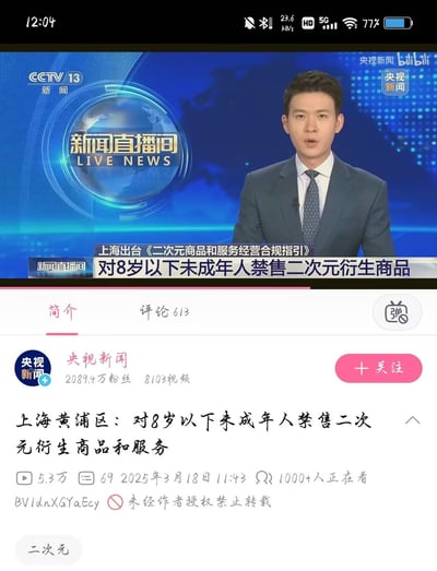 图片显示央视新闻直播间的新闻播报画面，主播正在报道上海黄浦区出台的《二次元商品和服务经营合规指引》。屏幕下方文字显示，该指引规定对8岁以下未成年人禁售二次元衍生商品和服务。画面下方是Bilibili平台的视频播放界面，显示该视频来自央视新闻官方账号，拥有2089.4万粉丝，发布于2025年3月18日11:43，已有5.3万播放量和613条评论。