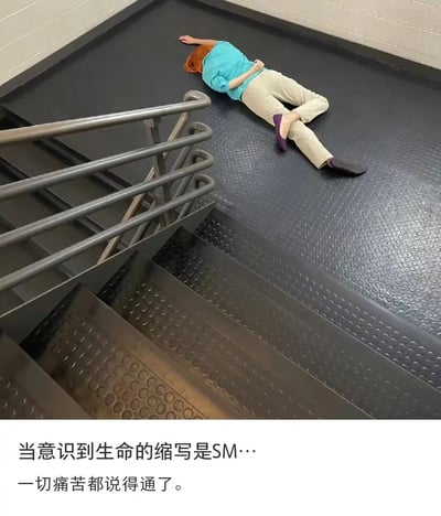 图片中一名橙发人士穿着蓝色上衣和米色长裤，仰卧在楼梯旁的深色地板上，双腿弯曲，姿态显得疲惫无力。图片下方配有文字：“当意识到生命的缩写是SM… 一切痛苦都说得通了。”
该图通过谐音梗制造幽默效果，将“生命”的拼音首字母缩写“SM”与常见的“虐恋”（Sadomasochism）缩写关联，调侃生活中的痛苦仿佛有了合理的解释。