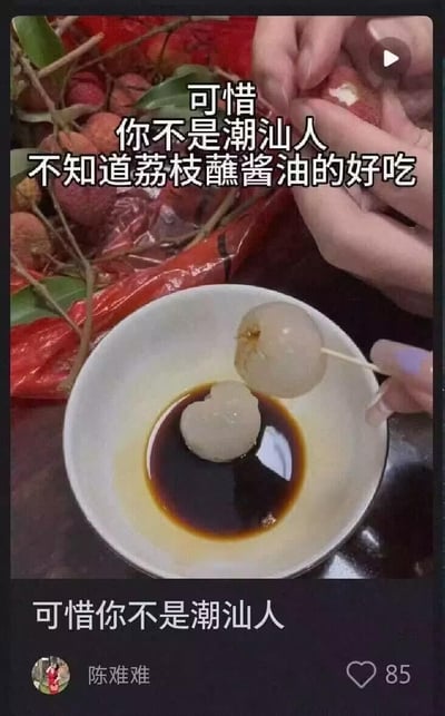 图片展示了一双手正在处理荔枝的场景，背景中有一些荔枝果实和枝叶。一只手拿着剥开的荔枝，另一只手用牙签插着荔枝准备蘸取白色碗中的酱油。图片上方有文字“可惜你不是潮汕人 不知道荔枝蘸酱油的好吃”，底部也有相同的文字“可惜你不是潮汕人”。这是潮汕地区特有的一种水果食用方式，将甜味的荔枝与咸味的酱油搭配，形成独特的味觉体验。