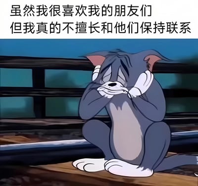 图片上方有两行中文文字：'虽然我很喜欢我的朋友们 但我真的不擅长和他们保持联系'。下方是动画《猫和老鼠》中的角色汤姆猫，它坐在栏杆上，双手捂脸，表情显得苦恼和无奈。这张图片通过汤姆猫的经典形象和文字结合，幽默地表达了喜欢朋友但不擅长主动保持联系的社交困扰。