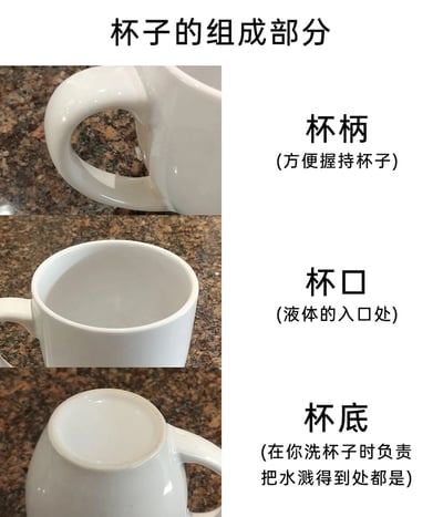 这是一张采用多图拼接+文字标注形式的趣味科普图，围绕白色马克杯的三个组成部分展开介绍：第一部分展示马克杯的杯柄，配文正经说明其“方便握持杯子”的功能；第二部分展示马克杯的杯口，配文说明其是“液体的入口处”；第三部分展示马克杯的杯底，配文则用贴近日常的搞笑吐槽，写着“在你洗杯子时负责把水溅得到处都是”，与前两个正经的功能介绍形成反差，用生活化的尴尬经历制造幽默效果，引发共鸣。