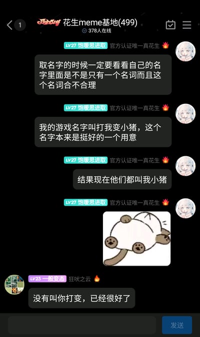 这是一张名为「花生meme基地」的聊天群的竖屏截图，群内共有499人，378人在线。群成员「饱暖思进取」（LV27，带有「官方认证唯一真花生」标识，头像是浅色头发的动漫女孩）分享自己的游戏取名心得与尴尬经历：他提醒大家取名字要注意名词的合理性，自己的游戏名「打我变小猪」本来有不错的用意，结果其他玩家都直接称呼他「小猪」，同时配上了一张四脚朝天、模样呆萌的小猪表情包。随后群成员「一般变态」（LV23，带有「狂吠之云」标识，头像是拼接风景图）调侃回复，称「没有叫你打变，已经很好了」，整个对话充满轻松搞笑的氛围，展现了日常闲聊中因游戏取名引发的趣味趣事。