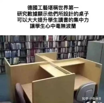 这是一张谐音梗搞笑图，上方配有文字：“德国工藝堪稱世界第一 研究數據顯示他們所設計的桌子 可以大大提升學生讀書的集中力 讓學生心中毫無波蘭”，下方是一张被隔板分成多个独立小空间的书桌照片。图中的核心笑点是谐音梗：“毫無波蘭”是“毫无波澜”的谐音，利用“波兰”和“波澜”的同音，调侃这种分隔式书桌能让学生学习时内心没有“波澜（波兰）”，也就是不会分心，用谐音制造出荒诞搞笑的效果。