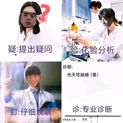 这是一张由四部分组成的P图恶搞梗图，利用“疑、验、盯、诊”与“丁真”的谐音，将丁真的脸分别P在四个不同的医生场景中：第一格是疑惑的医生配文“疑:提出疑问”，第二格是操作实验的医生配文“验:化验分析”，第三格是观察X光片的医生配文“盯:仔细观察”，第四格是诊断书样式，配文“诊:专业诊断”，诊断结果为“先天性脑瘫（重）”，诊断医生标注为丁真，签名也是潦草的丁真字样，整体是通过谐音梗和恶搞诊断结果来制造搞笑效果，属于网络二次创作的搞笑内容。