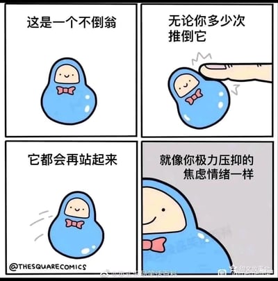 这是一幅四格连环卡通漫画，整体风格清新可爱，第一格展示了一个戴着粉色领结的蓝色卡通不倒翁，并配文介绍它；第二格呈现一只手将这个不倒翁推倒的画面，配文“无论你多少次推倒它”；第三格画出不倒翁重新摇晃着站起来的样子，配文“它都会再站起来”；第四格将镜头拉近到不倒翁，配文给出扎心类比——“就像你极力压抑的焦虑情绪一样”，用看似积极的物品特性，转折到戳中当代人情绪痛点的内容，引发人们对自身焦虑情绪的共鸣。