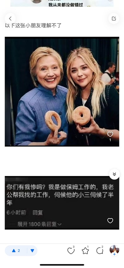这是一张上下拼接的社交平台内容图：上图是希拉里·克林顿与科洛·莫瑞兹的合影被网友P上甜甜圈，两人手持的甜甜圈分别对应女性符号和男性符号，是带有成人暗示的梗，因此小朋友无法理解；下图是一条社交媒体评论，内容为「你们有我惨吗？我是做保姆工作的，我老公帮我找的工作，伺候他的小三伺候了半年」，充满狗血又扎心的现实感，和上图的梗形成反差感，成为网感十足的传播内容。