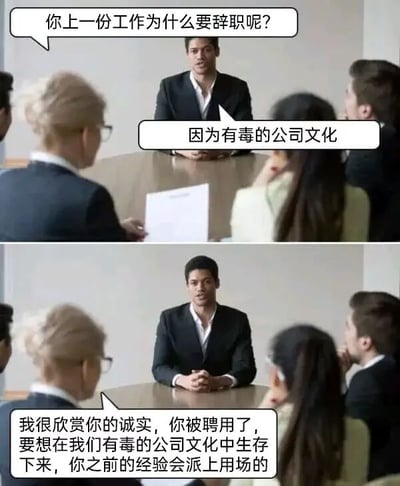 这是一张由上下两格组成的连环职场讽刺梗图，采用剧场式构图，呈现了一场荒诞的面试场景。上半部分画面中，面试官坐在会议桌后，向对面的面试者提问：“你上一份工作为什么要辞职呢？”，面试者回答：“因为有毒的公司文化”；下半部分画面里，面试官面带平静地告知面试者：“我很欣赏你的诚实，你被聘用了，要想在我们有毒的公司文化中生存下来，你之前的经验会派上用场的”。这张图通过这种前后反差的对话，用黑色幽默的方式讽刺了当下部分职场中存在的不良“有毒”公司文化，揭露了职场中这种荒诞的现状，让观者在发笑的同时也能共情职场人的无奈。
