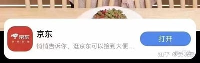 图片中显示一个仿京东风格的弹窗，左侧为红色京东logo及黑色'京东'字样，中间配有文字'悄悄告诉你，逛京东可以捡到大便...'，右侧是蓝色的'打开'按钮。弹窗背景为模糊的餐桌场景，隐约可见一盘菜肴。右下角有水印'知乎 @兔听星'。该图片通过篡改京东官方弹窗文本进行低俗恶搞，属于恶意改编内容。