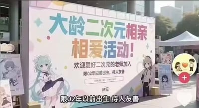 这是一张线下活动的实拍图，主体是一块大型户外宣传展板，展板以浅色调为底色，搭配彩色小装饰元素，视觉风格贴合二次元审美。展板上用醒目的彩色字体写着「大龄二次元相亲相爱活动！欢迎爱好二次元的老师加入 限02年以前出生，待人友善」，同时绘制了两位软萌风格的二次元少女角色，一位是绿发水手服造型，一位是棕发衬衫领带造型。展板周围还摆放着多个带有二次元角色的立牌，背景可见户外的城市建筑、白色帐篷以及模糊的行人，整体氛围轻松友好，面向喜爱二次元的大龄群体开展相亲交友活动。图中无谐音梗、双关或暗示类内容。