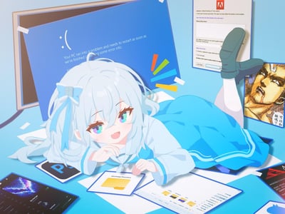 这是一张3D渲染+图像拼贴的创意作品，画面中心是一位浅蓝色头发的二次元少女，惬意地趴在铺满电脑窗口的蓝色背景上，双脚搭在Adobe Photoshop的崩溃报错窗口上。周围环绕着Windows系统蓝屏崩溃界面、PS崩溃报告窗口、《JOJO的奇妙冒险》的经典梗图（配文“可以和解吗？”）、音乐播放界面以及文件夹窗口等元素，用可爱的二次元形象与令人烦躁的电脑故障场景结合，形成强烈反差，精准吐槽了设计、办公人群遇到软件崩溃时的无奈又有点哭笑不得的心情。