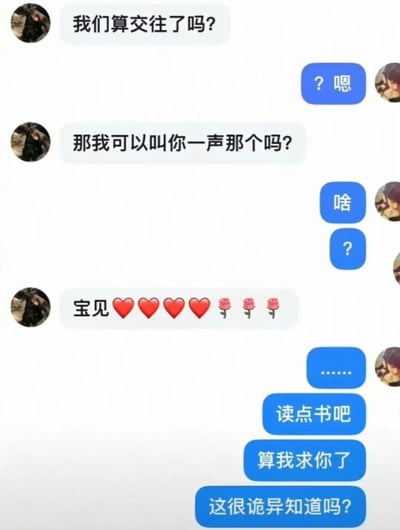 这是一段充满趣味与尴尬的情侣聊天记录截图：发起对话的一方先确认了两人的交往关系，随后询问能否称呼对方亲密昵称，在得到回应后，却将“宝贝”误写成了“宝见”，还附带了爱心和玫瑰表情。这一错误的昵称让对方感到无语，接连吐槽让对方读点书，称这个写错的称呼十分诡异，整个对话将情侣间的小尴尬和搞笑氛围展现得淋漓尽致。