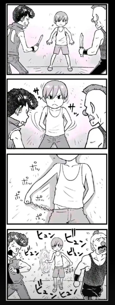 这是一组以漫画风格绘制的街头防身梗图。一名少年在面对两个持刀歹徒威胁时，突然冷静地将手插入裤袋，从容地掏出一串铁链并高速旋转，吓得歹徒目瞪口呆、慌张跑路。整体给人一种反转、轻松搞笑的气氛，充满了中二气质和“我自有办法”的剧情转折感。

*梗图含有反击、强硬、气场逆转的暗示。*