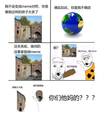 这是一组由五部分组成的剧场式拼接meme，完整讲述了一座老建筑从自信认为自己不会被做成meme，到被网友恶搞后暴怒的过程：第一部分，老房子自信发言，觉得同类建筑太多，不会成为meme素材；第二部分地球给出模棱两可的回应；第三部分老房子继续嘴硬，坚信没人会拿它做meme；第四部分出现两个抽象卡通人，喊着要做meme，还把老房子P出了人脸；第五部分老房子被P上夸张的眼睛和大嘴巴，愤怒地爆粗口，旁边配文调侃它“眼睛大大哦”“嘴巴硬硬哦”。整个meme通过反转的情节和荒诞的恶搞，制造出强烈的喜剧效果，是典型的网络玩梗式二次创作。