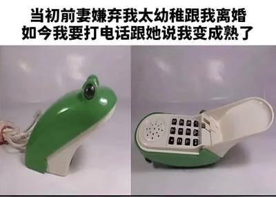 这是一张左右对比的梗图，上方配有文字："当初前妻嫌弃我太幼稚跟我离婚 如今我要打电话跟她说我变成熟了"。左边是一个绿色青蛙造型的玩具电话，右边是同一个电话打开的状态，露出内部的键盘。图片通过使用儿童玩具电话来表达"变成熟"的说法，形成了强烈的反差幽默效果，讽刺了表面上的成熟宣言与实际行为的幼稚之间的矛盾。