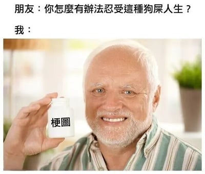 图片上方为对话文字，朋友问“你怎么有办法忍受这种狗屎人生？”，下方“我：”对应一张老年男性的照片。照片中白发白须的老人面带微笑，左手拿着一个白色药瓶，瓶身贴有“梗图”二字标签，背景为模糊的室内环境，有绿色植物。通过将“梗图”比作药物，幽默表达用看梗图来缓解生活压力、忍受不如意人生的态度。