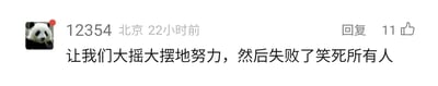 这是一张国内社交媒体平台的用户评论截图，左上角是带有未读提示小红点的熊猫头像，头像旁标注了用户ID“12354”、所在地“北京”以及发布时间“22小时前”，截图右侧设有“回复”按钮和显示为11的点赞数。截图的核心内容是用户发布的评论：“让我们大摇大摆地努力，然后失败了笑死所有人”，这句话以一种自嘲、摆烂式的幽默口吻，表达了当代年轻人面对努力可能迎来失败的豁达心态，用反向调侃的方式消解了努力未果的焦虑情绪，契合当下部分青年的松弛感处世态度。