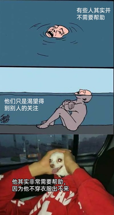 这是一组由三格内容拼接而成的搞笑梗图，采用先铺垫再反转的结构制造笑点。第一格展示一个光头男子仅头部露出水面，看起来像是溺水呼救，配文“有些人其实并不需要帮助”；第二格揭晓真相，男子实则坐在水底，抱臂仰头神态悠闲，配文“他们只是渴望得到别人的关注”，讽刺了那些通过假装弱势来博取关注的人；第三格画风突变，是一只被双手捏住脸部的小狗，表情怪异，配文反转道“他其实非常需要帮助，因为他不穿衣服出不来”，用无厘头的荒诞理由推翻前面的设定，形成强烈的反差搞笑效果。